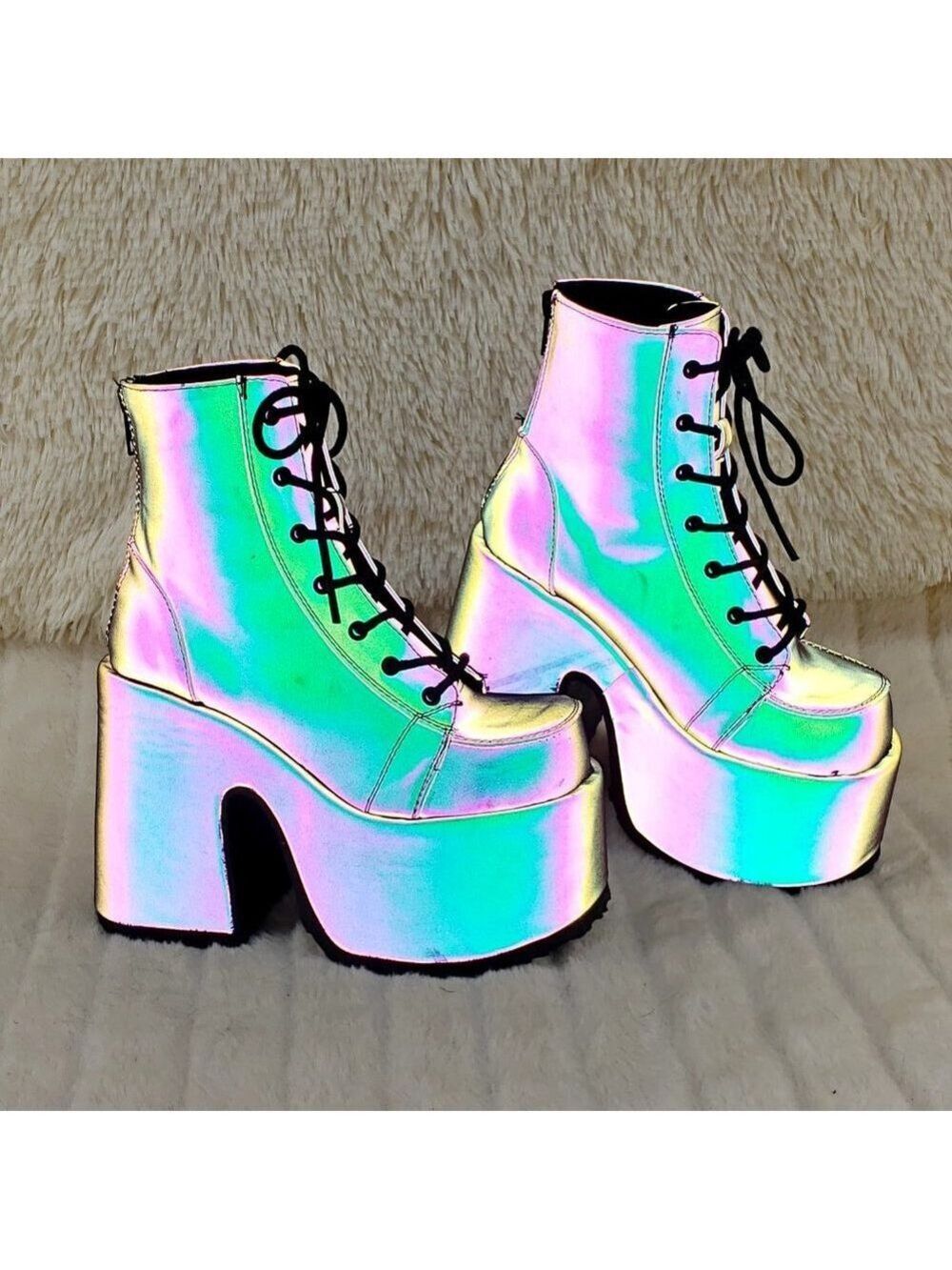 Camel Purple Green Reflective Rave Royalty Festival Platform Ankle Boots - Picture 12 of 15